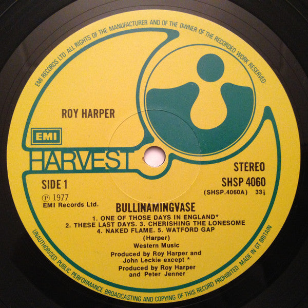 Image of Label Cover of LP - VG+/VG+ - ROY HARPER, Bullinamingvase (Harvest; SHSP4060, UK 1977, Inner, First pressing with "Watford Gap" as A5), ,  - 1046053S