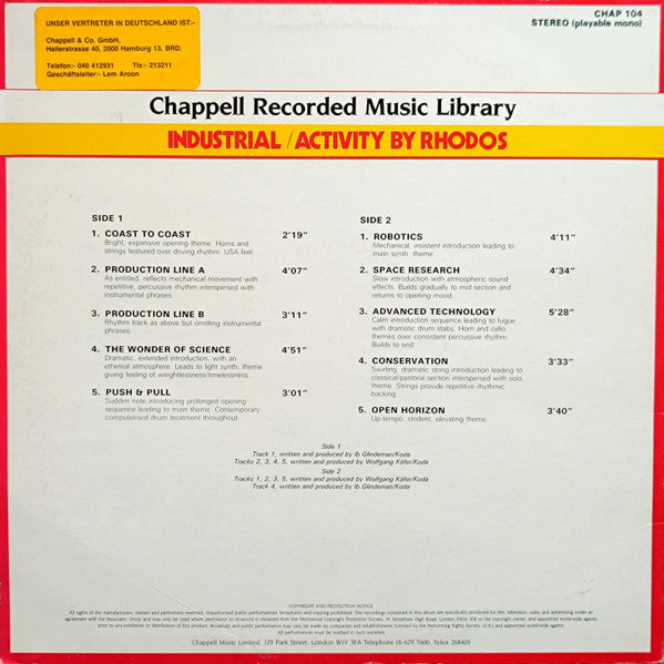Image of Back Cover of LP - VG/VG+ - RHODOS, Industrial (Chappell ; CHAP 104, UK 1983), Stickered Sleeve,  - 4246227S