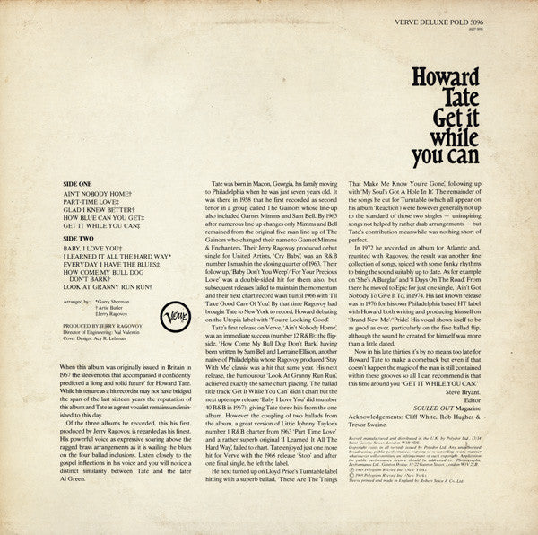 Image of Back Cover of LP - VG/VG+ - HOWARD TATE, Get It While You Can (Verve; POLD 5096, UK 1983 Reissue), Clean, glossy vinyl.,  - 1716415C