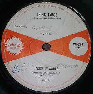 Image of Front Cover of 7" - /G - JACKIE EDWARDS, Think Twice / Oh Mary (Island Records; WI-287, UK 1966, Solid Centre), Lots of marks on disc. WOL.,  - 2056095S