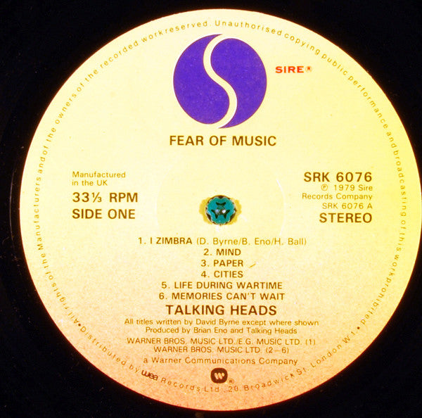 Image of Label Cover of 5124118E: LP - TALKING HEADS, Fear of Music (Sire; SRK6076, UK 1979, Non-Textured Sleeve, Inner) Split Seam, Edge and Ring Wear  G+/VG