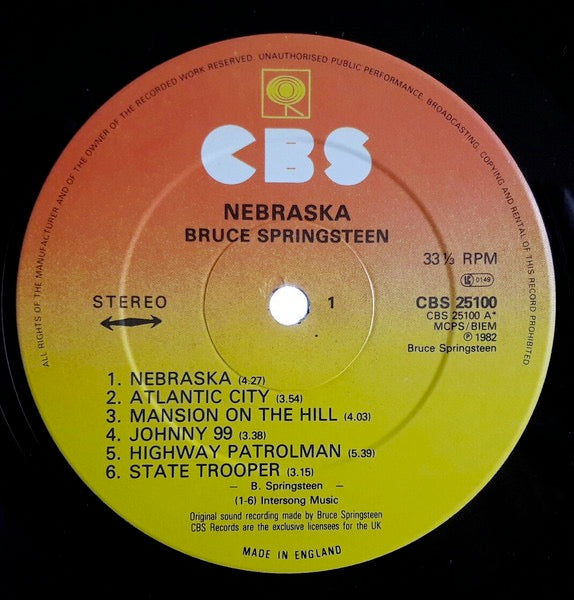 Image of Label Cover of LP - VG/VG - BRUCE SPRINGSTEEN, Nebraska (CBS Orange/Yellow; CBS 25100, UK 1982, Inner, "Made In England" At Bottom of Label Rim), Light marks, cover scuffing,  - 3546023S