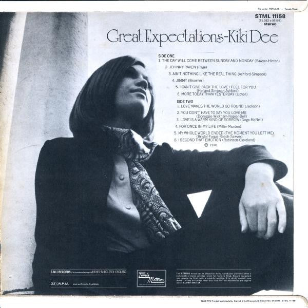 Image of Back Cover of LP - G+/G+ - KIKI DEE, Great Expectations (Tamla Motown; STML11158, UK 1970, Flipback Sleeve), Lots of fine marks to disc - plays fine with only light surface noise. Small tear to base of sleeve and price written in top right corner.,  - 3015858C