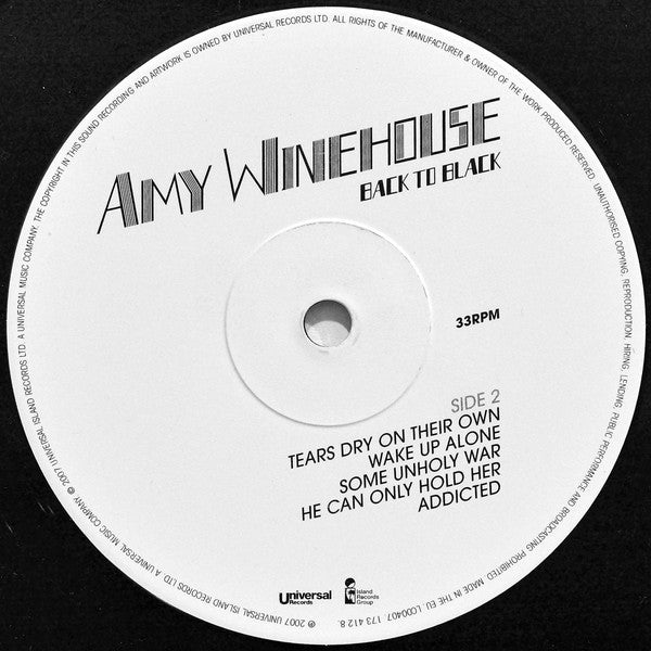 Image of Label Cover of LP - NEW/NEW - AMY WINEHOUSE, Back To Black (Universal Records; 1734128, Europe 2023, Inner, 180 Gram Vinyl), , Winehouse was inspired by girl group soul of the '60s, and fortunately Mark Ronson and Salaam Remi are two of the most facile and organic R&B producers active. As before, Winehouse writes all of the songs from her experiences, most of which involve the occasionally riotous and often bittersweet vagaries of love. Also in similar fashion to "Frank", her eye for details and he