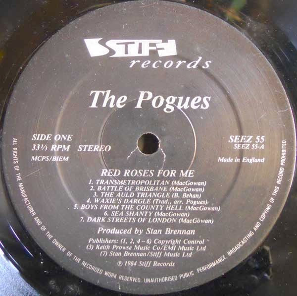 Image of Label Cover of LP - VG/VG - THE POGUES, Red Roses For Me (Stiff; SEEZ 55, UK 1984, Bilbo Run Outs, Faint Singing At End Of Side 2, First Pressing), ,  - 3926170E