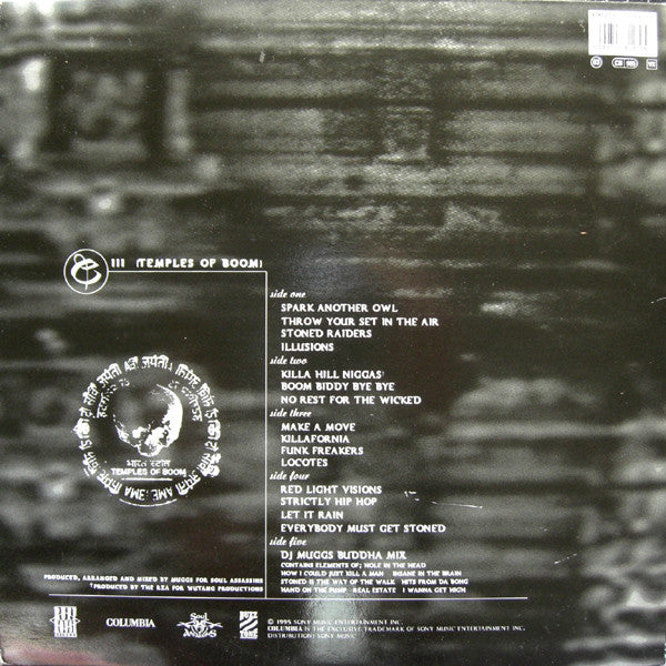 Image of Back Cover of 3xLP - G+/G+ - CYPRESS HILL, III - Temples Of Boom (Columbia; 478127 0, Europe 1995, Triple Gatefold, Inners, Limited edition including disc 3, etched one side and DJ Muggs' Buddha Mix on the other.), Discs all have scuffs and marks, but actual scratches are only hairlines, sounds VG. Sleeve and inners have general wear and creasing, sticker marks, and pen on centre labels.,  - 3726251E