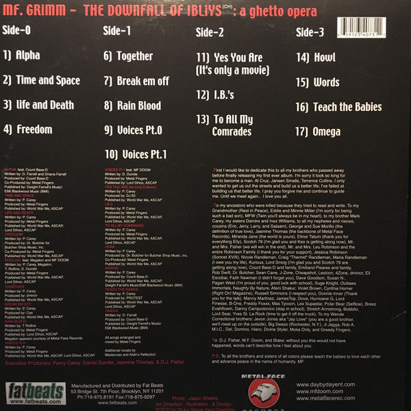 Image of Back Cover of 2xLP - VG/VG+ - MF GRIMM, Downfall Of Ibliys - A Ghetto Opera (Metal Face; MF002, US 2002), Some light edge wear and creased corner on sleeve, otherwise nice shape. Nice clean discs.,  - 0946092S
