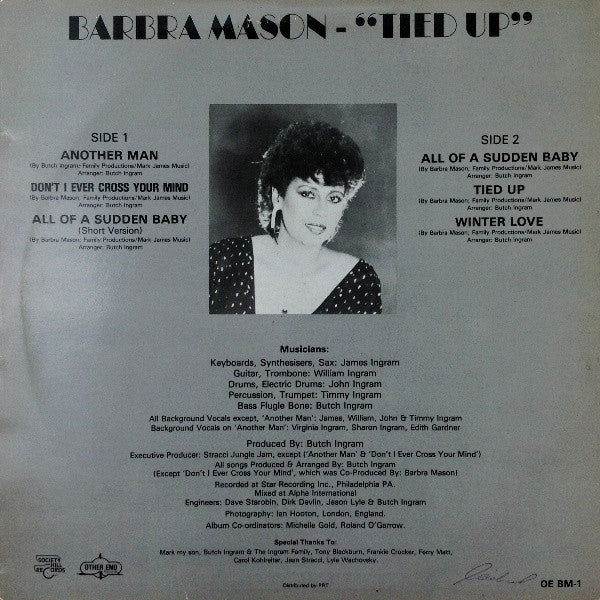 Image of Back Cover of LP - VG/VG - BARBRA MASON, Tied Up (Other End; OEBM1, UK 1984), one stuff side two otherwise vinyl in great shape. opened shrink w/ hyper sticker - peeling and discoloured,  - 3646365S