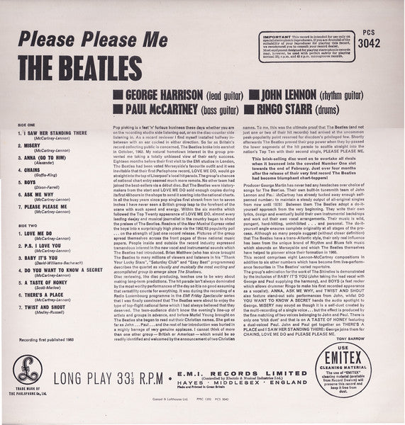 Image of Back Cover of LP - VG/VG - THE BEATLES, Please Please Me (Parlophone, 2 Boxed EMI Logos, EMI Records on Label Rim.; PCS 3042, UK 1976 Reissue, Stereo), ,  - 2416387C