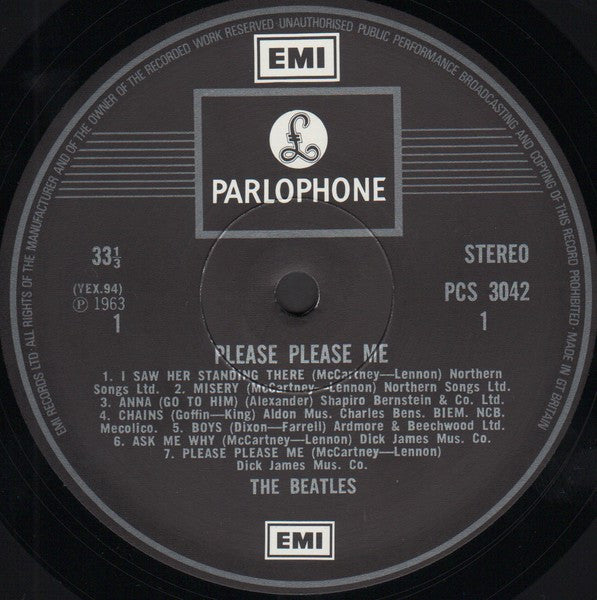 Image of Label Cover of LP - VG/VG - THE BEATLES, Please Please Me (Parlophone, 2 Boxed EMI Logos, EMI Records on Label Rim.; PCS 3042, UK 1976 Reissue, Stereo), ,  - 2416387C