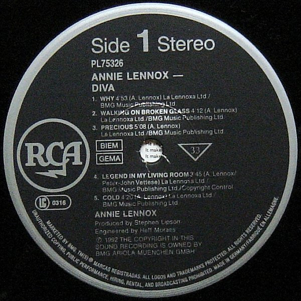 Image of Label Cover of LP - VG/VG - ANNIE LENNOX, Diva (RCA; PL 75326, Europe 1992, Inner), Strong VG,  - 2226336E