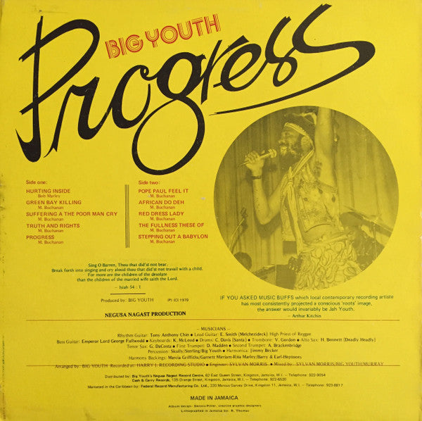 Image of Back Cover of LP - VG/G+ - BIG YOUTH, Progress (Nichola Delta; DSR7146, Jamaica 1979), ,  - 3716128C