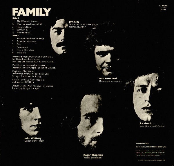 Image of Back Cover of 2714139C: LP - FAMILY, Entertainment (Reprise Tan WB Logo; K44069, UK 1970s Reissue, Laminated Sleeve, Insert) Strong VG+, Laminate creasing slightly  VG/VG+