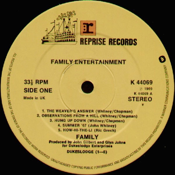 Image of Label Cover of 2714139C: LP - FAMILY, Entertainment (Reprise Tan WB Logo; K44069, UK 1970s Reissue, Laminated Sleeve, Insert) Strong VG+, Laminate creasing slightly  VG/VG+