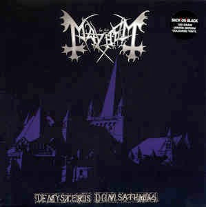 Image of Front Cover of LP - NEW/NEW - MAYHEM, De Mysteriis Dom Sathanas (Black On Black; BOBVO49LP, UK 2010 Reissue, Gatefold, Purple Vinyl), , Mayhem's 'De Mysteriis...' is the unholy testament in the black metal world. Euronymous and Hellhammer created the group in homage to venom and the swedish groups emanating black evil around the time but managed to upstage them all in pure blackened buzz and lo-fi scree. just before the album's release euronymous was murdered by varg 'burzum' vikernes, hence sealin