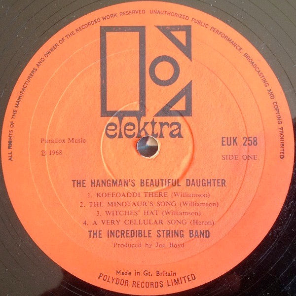 Image of Label Cover of 4614124C: LP - THE INCREDIBLE STRING BAND, The Hangman's Beautiful Daughter (Elektra Orange & Black; EUK258, UK 1968, Laminated Sleeve, No Insert, Mono) Lots of light hairlines, Sleeve intact wth scratches to laminate  VG/G+