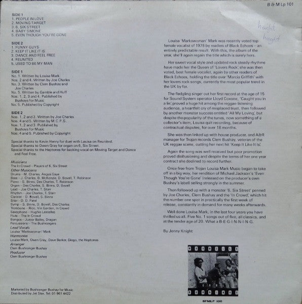 Image of Back Cover of LP - G+/G+ - LOUISA MARK, Breakout (Bushays; BFMLP 101, UK 1981), Brush marks only, plays fine. WOL. Sleeve is taped on all seams, worn, WOC.,  - 3216356C