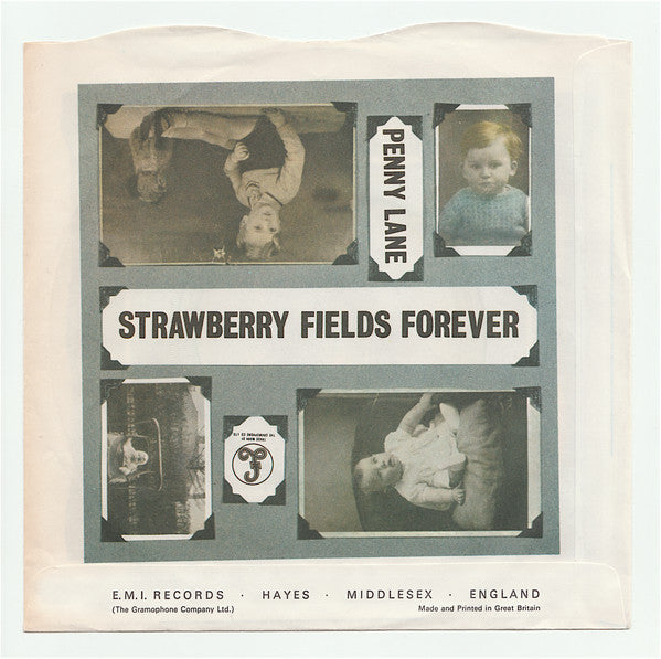 Image of Back Cover of 7" - G+/VG - THE BEATLES, Strawberry Fields Forever / Penny Lane (EMI; R5570, UK 1967, Thin Picture Sleeve Wavy Cut Top, Push Out Centre), Sticker And Writing On Sleeve, Sticker On Label,  - 2426180E