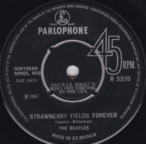 Image of Label Cover of 7" - G+/VG - THE BEATLES, Strawberry Fields Forever / Penny Lane (EMI; R5570, UK 1967, Thin Picture Sleeve Wavy Cut Top, Push Out Centre), Sticker And Writing On Sleeve, Sticker On Label,  - 2426180E