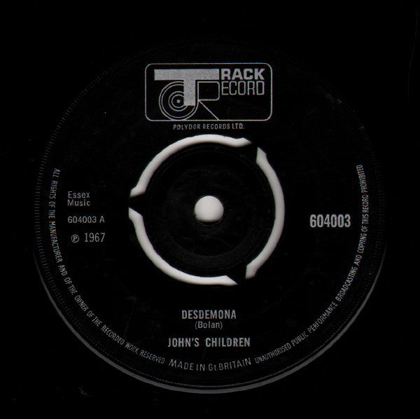 Image of Front Cover of 7" - /VG - JOHN'S CHILDREN, Desdemona / Remember Thomas � Becket (Track Record; 604003, UK 1967, Plain Sleeve), ,  - 4226143E