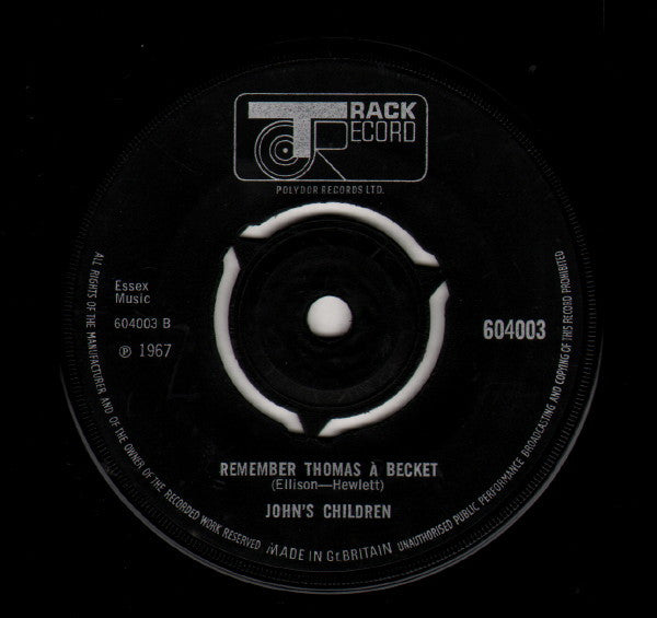 Image of Back Cover of 7" - /VG - JOHN'S CHILDREN, Desdemona / Remember Thomas � Becket (Track Record; 604003, UK 1967, Plain Sleeve), ,  - 4226143E