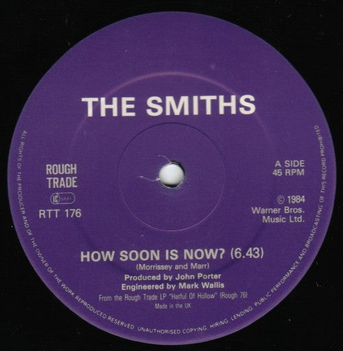 Image of Label Cover of 12" - VG+/EX - THE SMITHS, How Soon Is Now? (Rough Trade; RTT176, UK 1985, Picture Sleeve, CBS Pressing), Large HMV Sticker On Front Sleeve,  - 3446322S