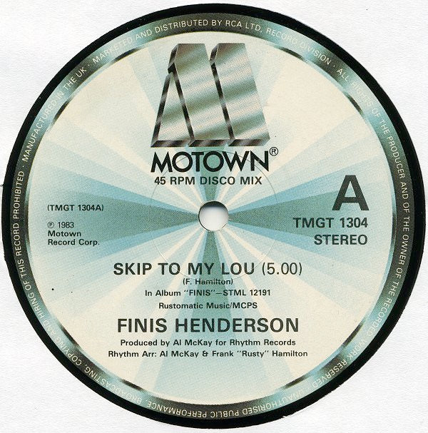 Image of Front Cover of 4114375C: 12" - FINIS HENDERSON, Skip To My Lou (Motown; TMGT 1304, UK 1983, Die Cut Company Sleeve) Sleeve worn, creased and damaged at corners. Some edge wear too. Labels have stains on them  VG/VG