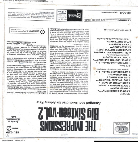 Image of Back Cover of LP - G+/VG - IMPRESSIONS, Big Sixteen Vol. 2 (Stateside; SSL 10279, UK 1969, Laminated Flipback Sleeve, Stereo), Sleeve has some damage at corner, wear and light staining. Promo sticker on label,  - 3416417C