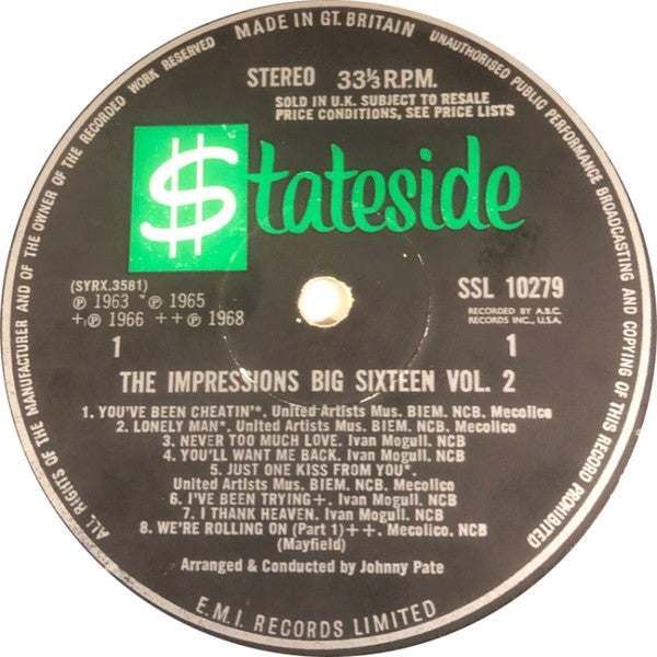 Image of Label Cover of LP - G+/VG - IMPRESSIONS, Big Sixteen Vol. 2 (Stateside; SSL 10279, UK 1969, Laminated Flipback Sleeve, Stereo), Sleeve has some damage at corner, wear and light staining. Promo sticker on label,  - 3416417C