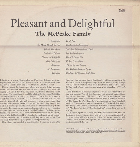 Image of Back Cover of LP - VG/VG+ - MCPEAKE FAMILY, Pleasant and Delightful (Fontana; STL5433, UK 1967), Ring Wear,  - 3126049E