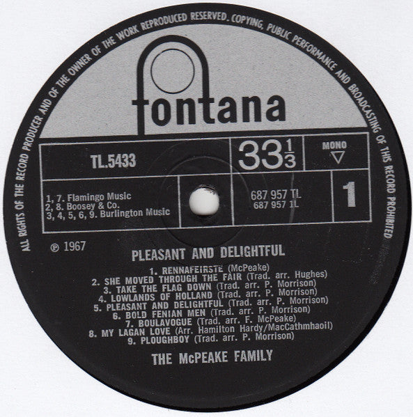 Image of Label Cover of LP - VG/VG+ - MCPEAKE FAMILY, Pleasant and Delightful (Fontana; STL5433, UK 1967), Ring Wear,  - 3126049E