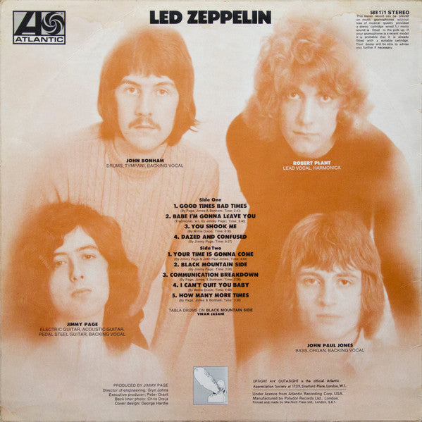 Image of Back Cover of 0245100S: LP - LED ZEPPELIN, Led Zeppelin (Atlantic Plum & Orange; 588171, UK 1969, Orange Letters And Grey Line, Second Pressing, WB / 7 Arts / Jewel Publishing Credit On One Line) Lovely copy  VG/VG