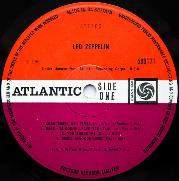 Image of Label Cover of 0245100S: LP - LED ZEPPELIN, Led Zeppelin (Atlantic Plum & Orange; 588171, UK 1969, Orange Letters And Grey Line, Second Pressing, WB / 7 Arts / Jewel Publishing Credit On One Line) Lovely copy  VG/VG