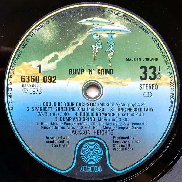 Image of Label Cover of LP - VG/VG+ - JACKSON HEIGHTS, Bump'n'Grind (Vertigo Spaceship; 6360092, UK 1973, Laminated Gatefold Sleeve), Strong VG sleeve, general light sleeve wear, indents. ,  - 0946351S