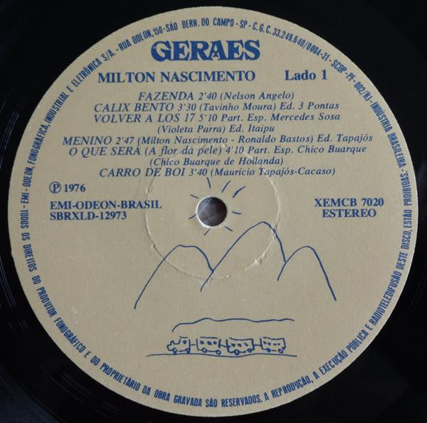 Image of Label Cover of LP - VG/VG - MILTON NASCIMENTO, Geraes (EMI; XEMCB 7020, Brazil 1976, Embossed Gatefold Sleeve, Inner), Strong VG, light marks only. Sleeve has light creasing to back cover, Geraes is the eighth studio album by Brazilian singer, guitarist, and composer Milton Nascimento. The album played a strong role in connecting Nascimento's music with the American public; at the time he was already known worldwide. It features Mercedes Sosa in "Volver A Los 17", Chico Buarque in "O Que Ser  (  Fl
