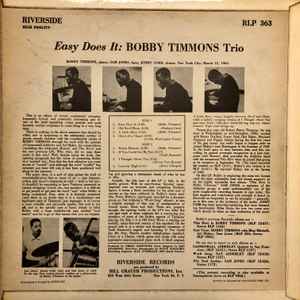 Image of Back Cover of LP - VG/VG+ - BOBBY TIMMONS TRIO, Easy Does It (Riverside; RLP363, UK 1961, Flipback Sleeve, Mono), ,  - 3346276S