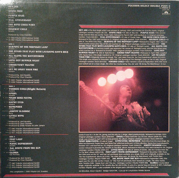 Image of Back Cover of 2xLP - VG/VG - JIMI HENDRIX, Singles Album (Polydor Red Label; PODV 6, UK 1983, Gatefold), Hairlines. Edge and ring wear, idents, small sticker damage and small stain on front of sleeve.,  - 2946220S