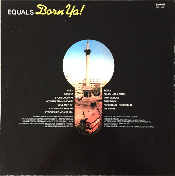 Image of Back Cover of 3614039C: LP - EQUALS, Born Ya! (Mercury; 9109 601 , UK 1976, Laminated Sleeve, Insert) Light Marks only. Light wear to sleeve with a few creases & spinal laminate bubbling.  VG/VG+