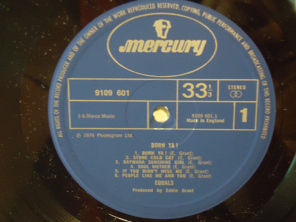 Image of Label of 3614039C: LP - EQUALS, Born Ya! (Mercury; 9109 601 , UK 1976, Laminated Sleeve, Insert) Light Marks only. Light wear to sleeve with a few creases & spinal laminate bubbling.  VG/VG+