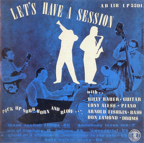 Image of Front Cover of 1224205E: 10" LP - BILLY BAUER'S RHYTHM SECTION, Let's Have A Session (Ad Lib; AAL 5501, US 1955, Pasteback Sleeve, Mono) Vinyl covered in marks/hairlines. Cover has heavy wear and repaired splits all around edges.  G/G