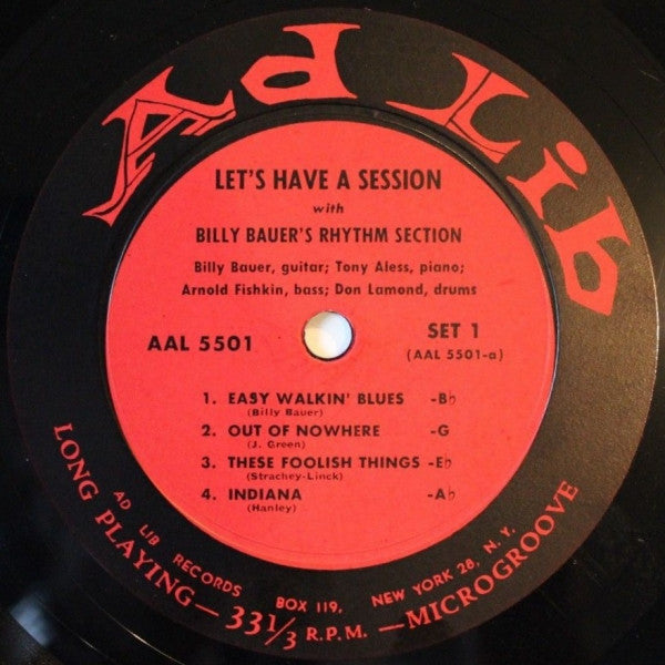 Image of Back Cover of 1224205E: 10" LP - BILLY BAUER'S RHYTHM SECTION, Let's Have A Session (Ad Lib; AAL 5501, US 1955, Pasteback Sleeve, Mono) Vinyl covered in marks/hairlines. Cover has heavy wear and repaired splits all around edges.  G/G