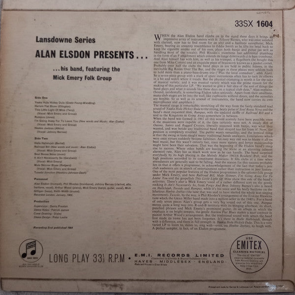 Image of Back Cover of 0624089E: LP - ALAN ELSDON & HIS JAZZ BAND FEATURING MICK EMERY FOLK GROUP, Alan ELSDON presents his band (Columbia; 33SX 1604, UK 1964, Laminated Flipback Sleeve, Mono. Landsdowne Series) Lovely Copy.  VG+/EX