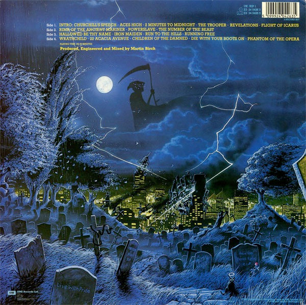 Image of Back Cover of 2xLP - VG/G+ - IRON MAIDEN, Live After Death (EMI; RIP1, UK 1985, Gatefold, Inners, No Booklet), Strong G+ - hairlines only. Edge wear. ,  - 2326341E