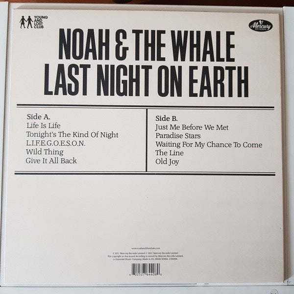 Image of Back Cover of LP - VG+/VG+ - NOAH AND THE WHALE, Last Night On Earth (Mercury; 2760096, Europe 2011, Inner, With 7"), Promo Sticker Over Barcode,  - 3925058E