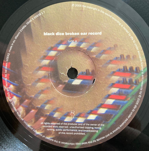 Image of Label Cover of LP - VG+/VG - BLACK DICE, Broken Ear Record (DFA; dfaemi2148lp, Europe 2005, Pasteback Sleeve, Inner, Stickered Sleeve), Paper scuffs and hairlines. Wear to bottom left corner, Light edge wear.,  - 1126341E