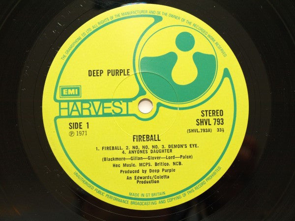 Image of Label Cover of LP - VG/VG - DEEP PURPLE, Fireball (Harvest Green, Gramophone Co On Rim, EMI Box; SHVL793, UK 1971, Gatefold Textured, Insert, SHVL 793 A-2U / B-3U Matrix First Press), Name written on insert in pencil,   - 2326271E