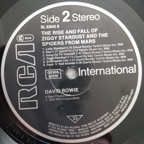 Image of Label Cover of LP - VG/G+ - DAVID BOWIE, The Rise And Fall Of Ziggy Stardust And The Spiders From Mars (RCA International Black; NL 83843, Germany 1983 Reissue, Bass Clef Embossed on B Side Label), ,  - 2526375E