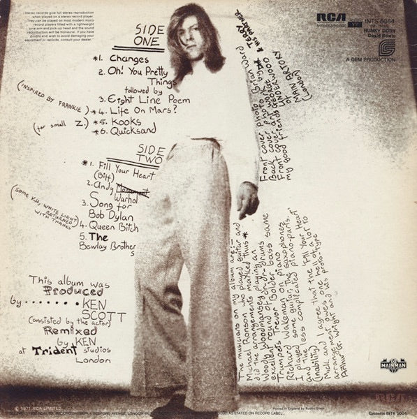 Image of Back Cover of LP - VG/VG - DAVID BOWIE, Hunky Dory (RCA International Green; INTS 5064, UK 1980 Reissue), ,  - 1526288E