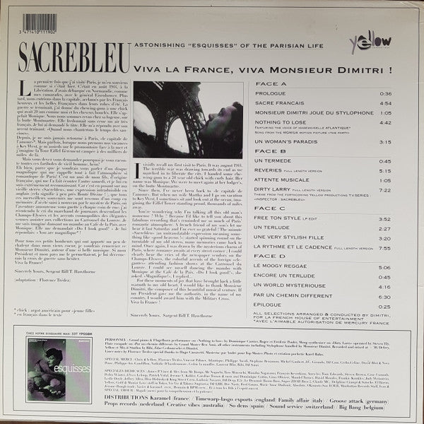 Image of Back Cover of 2xLP - VG+/VG - DIMITRI FROM PARIS, Sacrebleu (Yellow Productions; YP011A, France 1996, Picture Sleeve), Some light ringwear.,  - 3816015C