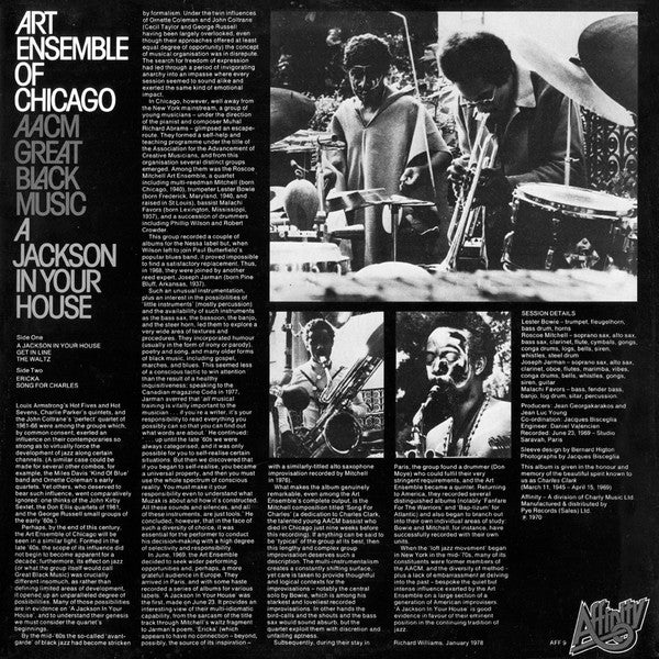 Image of Back Cover of 4724067E: LP - ART ENSEMBLE OF CHICAGO, A Jackson in Your House (Affinity; AFF9, UK 1980s Reissue)   VG+/VG+